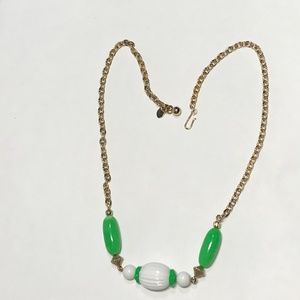 Vintage Faux Jade White Bead Goldtone Chain Necklace Hook Closure Avon